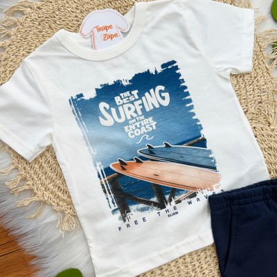 Conj. Camiseta Surfing e Bermuda - Off White e Marinho